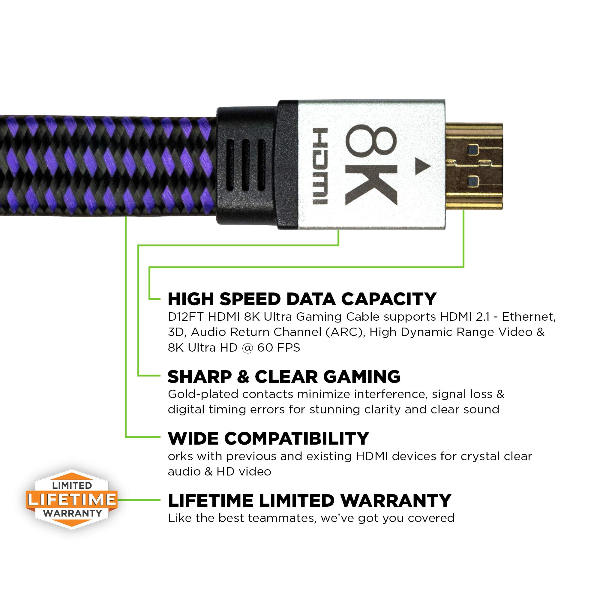KontrolFreek 12FT (3.6m) HDMI 8K Ultra Gaming Cable Supports Ethernet, 3D, Audio Return Channel (ARC), High Dynamic Range Video and 8K Ultra HD @ 60 FPS- Black and Purple - Image 4