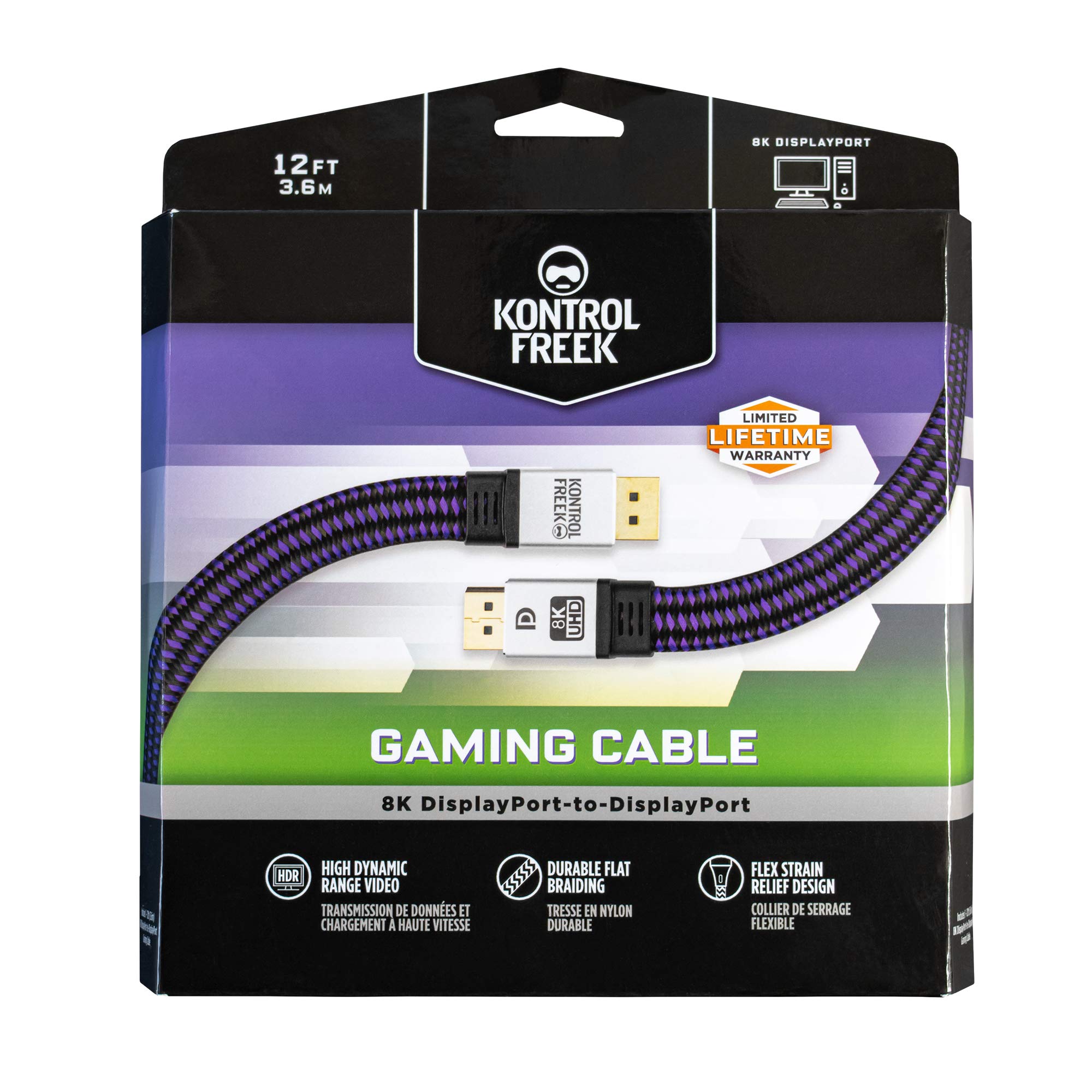 KONTROLFREEK DisplayPort 1.4 Cable 12ft (3.6m), Nylon Braided 8K DP to DP Gaming Cable (8K@60Hz, 4K@144Hz and 1080P@240Hz), HBR3, 32.4Gbps, HDCP 2.2, HDR Support - Black and Purple - Image 6
