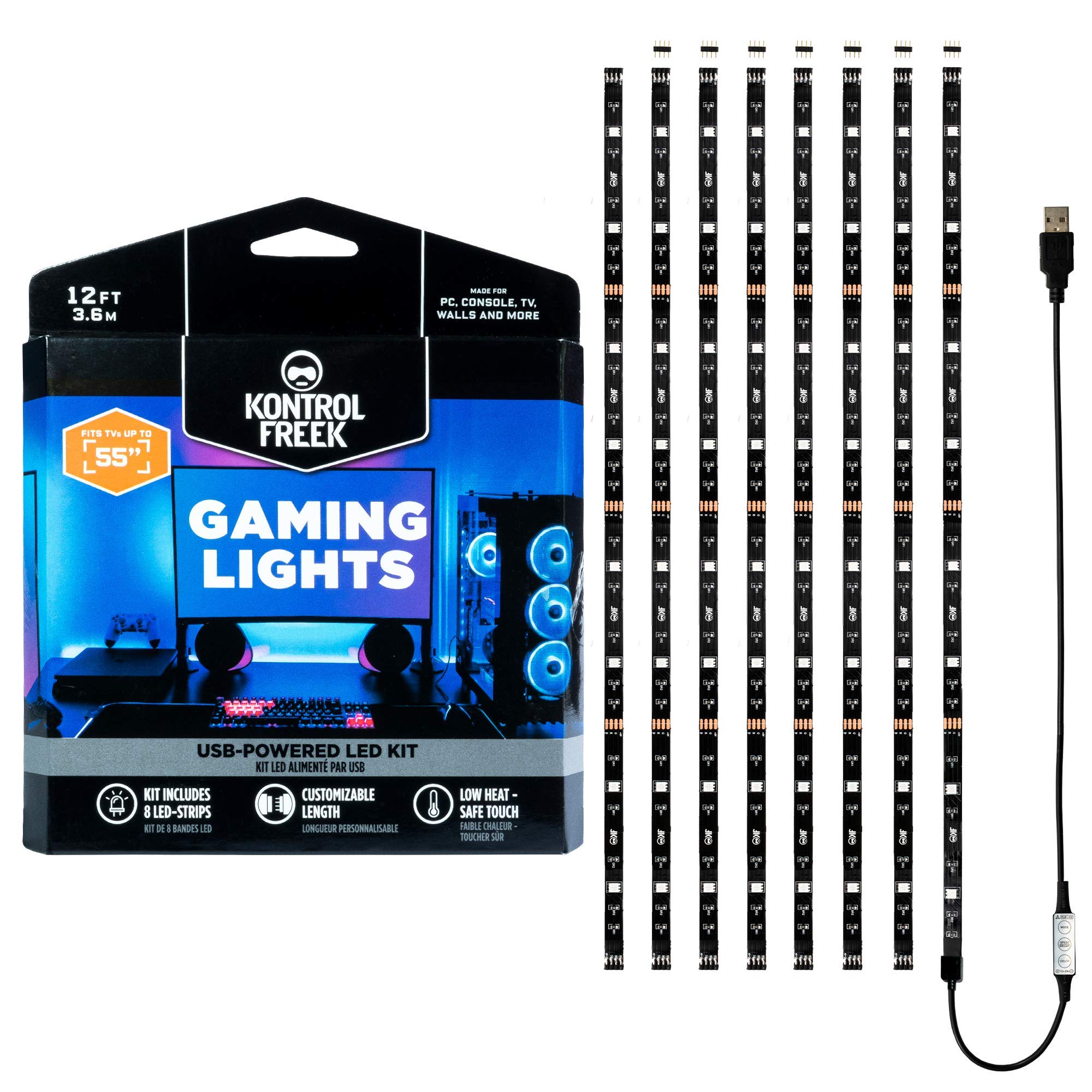 KontrolFreek Gaming Lights: LED Strip Lights, USB Powered with Controller, 3M Adhesive for TV, Console, PC, Wall (12 Ft) - Image 3