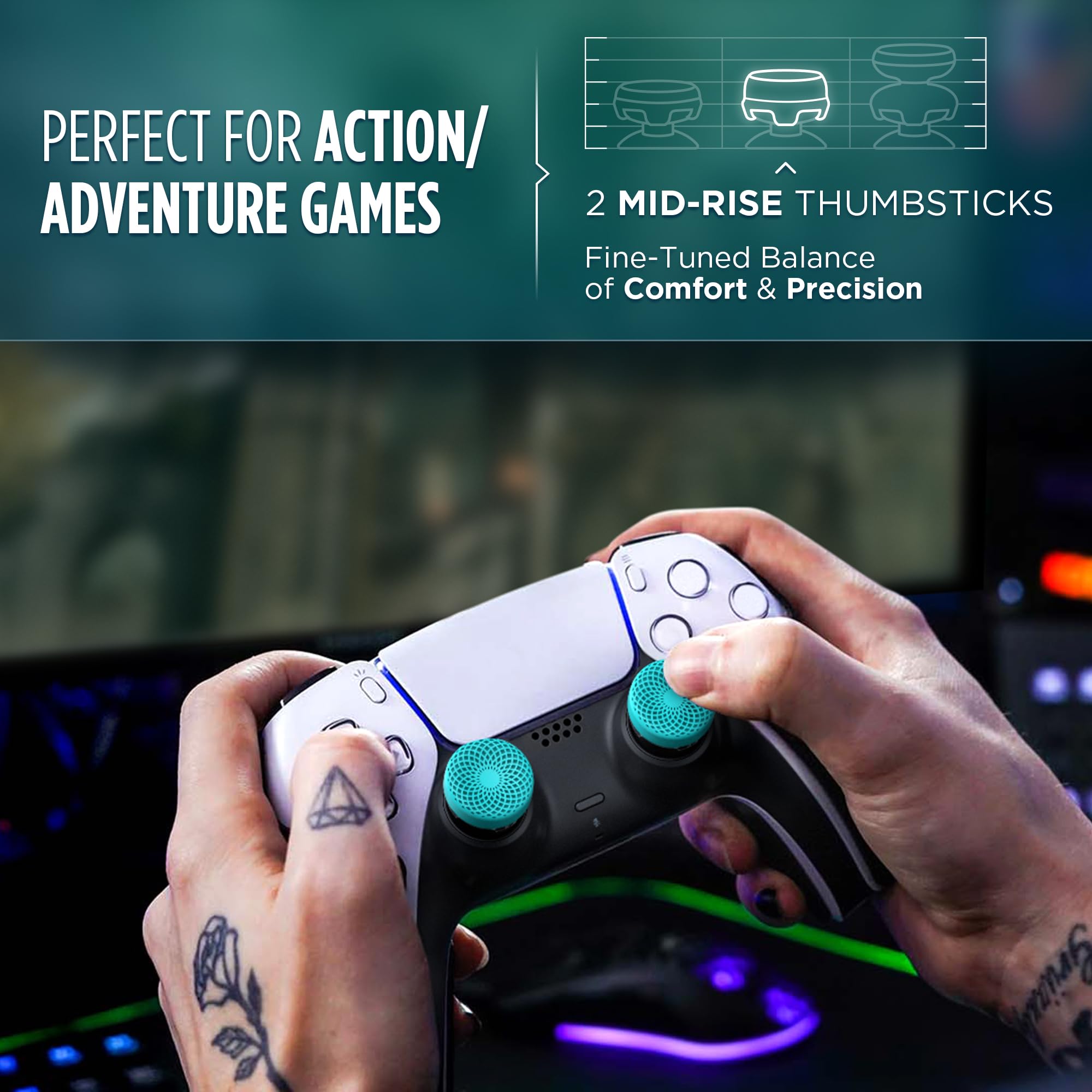 KontrolFreek Lotus for PlayStation 5 (PS5) and PlayStation 4 (PS4) | Performance Thumbsticks | 2 Mid-Rise Concave | Teal/Clear - Image 3